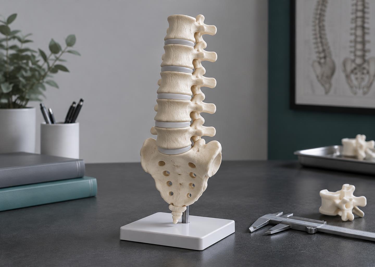 Illustrative educational spine model on a stand beside a caliper