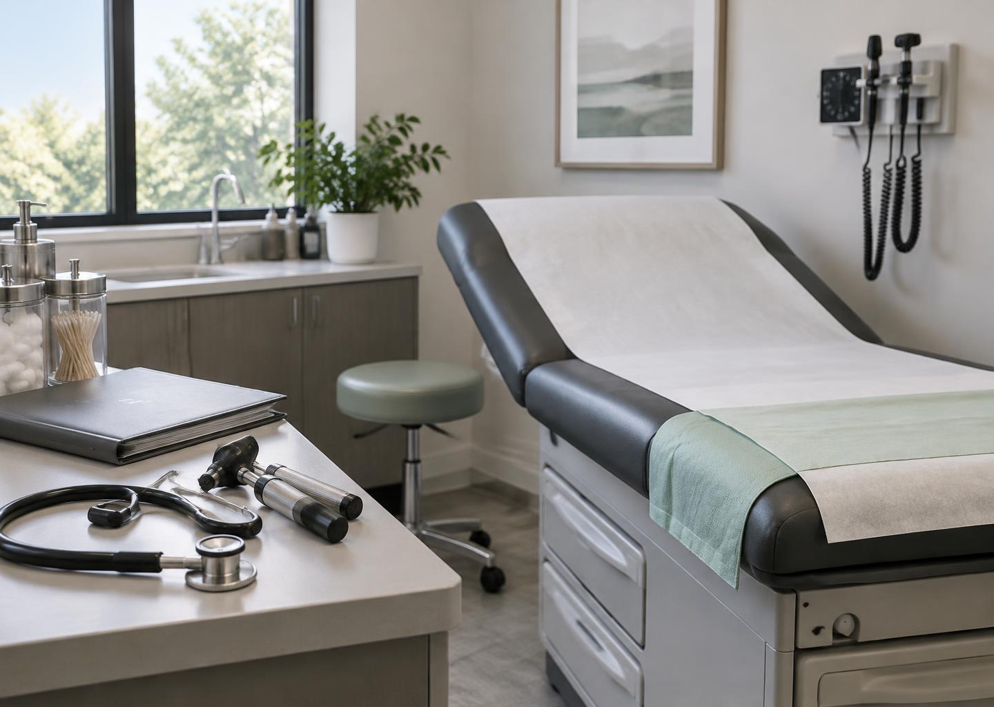 Illustrative examination room with medical instruments