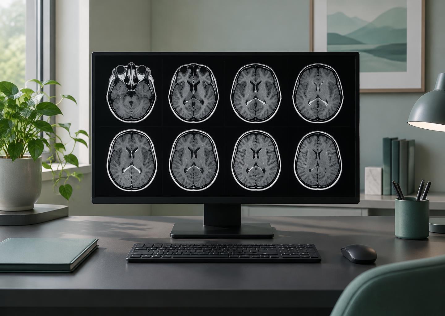 Illustrative radiology workstation displaying simulated grayscale scan images